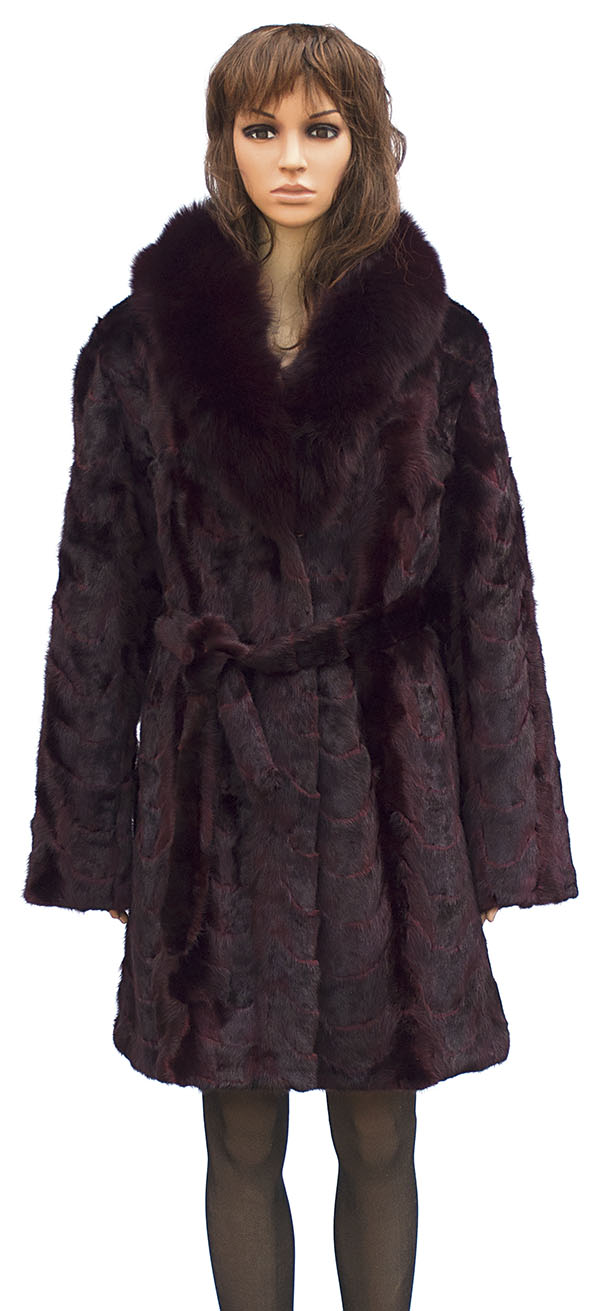 Winter Fur Ladies Burgundy Mink Front Paws 3/4 Coat With Fox Collar And Belt W69Q06BD